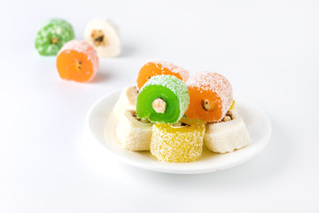 Variety of Turkish Delight Lokum Sweet Turkish delight lokum Traditional dessert White background