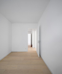 Front view of a white room with parquet
