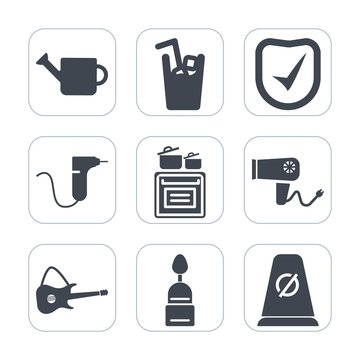 Premium fill icons set on white background . Such as care, drink, clinic, kitchen, hairdryer, musical, business, can, check, plant, doughnut, gardening, medical, dessert, juice, dryer, food, road, cup