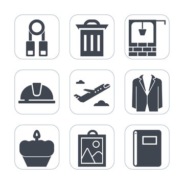 Premium fill icons set on white background . Such as garbage, notebook, person, ecology, rubbish, sweet, doughnut, hat, bucket, picture, helmet, construction, flight, recycle, trash, well, lecture