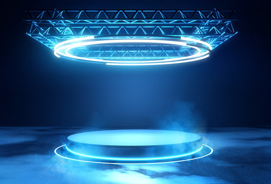 A futuristic technology blank platform with blue glowing neon round lighting. Science fiction 3D illustration.