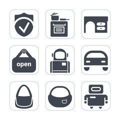 Premium fill icons set on white background . Such as food, bag, retail, kitchen, technology, car, shop, open, work, door, business, notebook, check, backpack, cosmos, cyborg, astronaut, desk, home