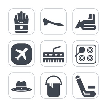 Premium fill icons set on white background . Such as fashion, sheriff, snack, paint, keyboard, texas, yellow, cook, airplane, championship, footwear, potato, cowboy, match, competitive, eat, meal, gas