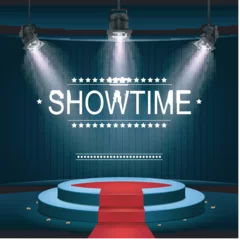 Poster Showtime banner with podium and red carpet illuminated by spotlights © bahtiarmaulana