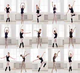 Collage of young ballerina standing in ballet poses