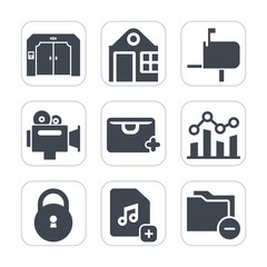 Premium fill icons set on white background . Such as document, finance, handle, communication, arrow, post, add, sale, sign, elevator, letter, film, message, send, home, architecture, chart, movie, up