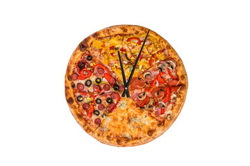 Creative pizza picture in the form of a clock with arrows on a yellow background. 