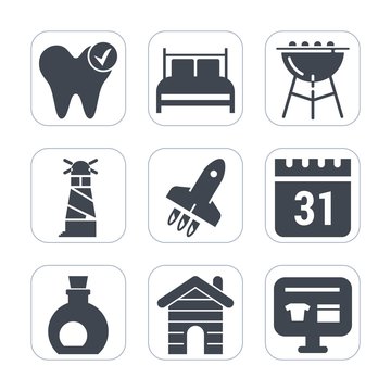 Premium fill icons set on white background . Such as real, launch, pillow, cart, dentist, bed, oil, mattress, dentistry, grill, lighthouse, schedule, hygiene, healthy, house, timetable, sea, cooking