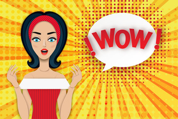 Wow pop art face in paper art style. Young surprised woman with blonde curly hair and open mouth and hands up. Advertising poster with confused paper girl.