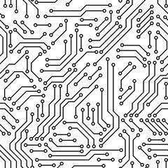 Printed circuit board black and white computer technology seamless pattern, vector