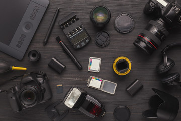 Diverse personal equipment for photographer