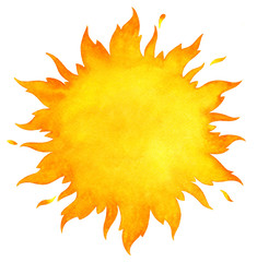 Watercolor sun shape isolated on white background. Wavy tongues of fire, flame crown with sparks. Aquarelle sun border, frame with space for text. Orange and yellow watercolour template.