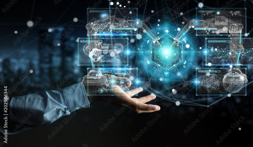 Poster businessman using robotics arms with digital screen 3d rendering