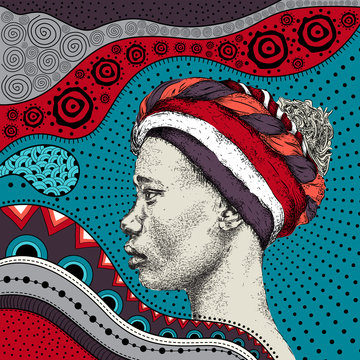 Girl in turban with African hand draw ethno pattern, tribal background. Beautiful black woman. Profile view. Vector illustration