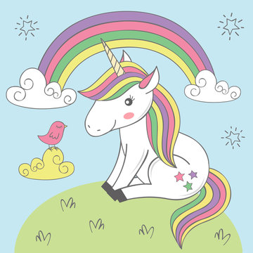 magic unicorn and bird under the rainbow - vector illustration, eps