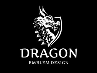 Vector head of a dragon in the form of a shield illustration, logotype, print, emblem design on a black background.