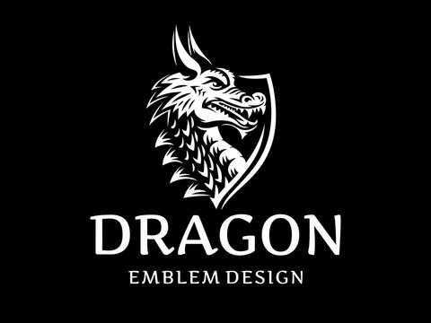 Vector head of a dragon in the form of a shield illustration, logotype, print, emblem design on a black background.