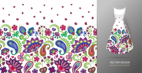 Seamless vertical fantasy flowers pattern. Hand draw floral background on dress mockup. Vector. Red orange on white. - 202949508