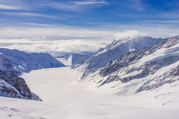 Fototapeta na wymiar Jungfraujoch - Aletsch Glacier/Fletsch Glacier. Panorama view of the Alps mountains from the view of Jungfraujoch station, Switzerland.