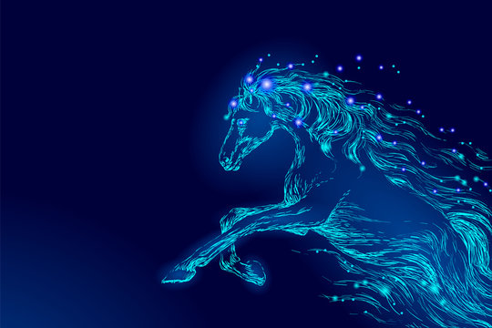 Blue glowing horse riding night sky star. Creative decoration magical backdrop shining cosmos space moon light fantasy background vector illustration