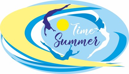 Naklejka premium Time summer.Lettering. Sea. waves. surfers. Seascape. Design for travel and vacation. Vector.