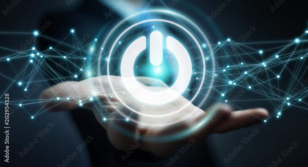 Aufkleber businessman using 3d render power button with connections
