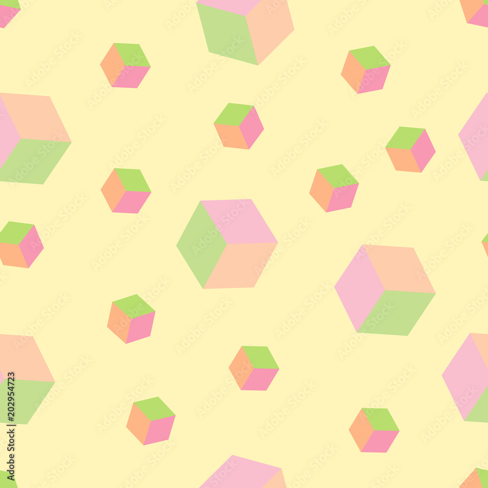 Poster Abstract seamless pattern with colorful cubes on yellow background. Optical effects.