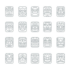 Tiki totem smile emotions faces muzzles line icons collection set