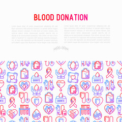 Fototapeta na wymiar Blood donation, charity, mutual aid concept with thin line icons. Symbols of blood transfusion, medical help and volunteers. Modern vector illustration, poster, print media for World donor's day.