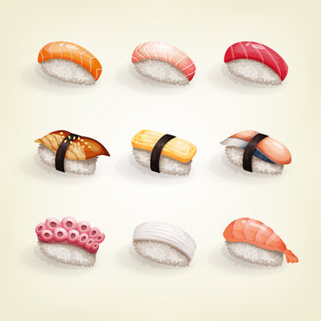 Japanese Cuisine Collection. Set Of Various Fresh And Delicious Nigiri Sushi. Vector Illustration Of Healthy Food For Takeout, Bar Or Restaurant Menu.