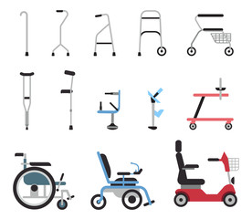 Set of icons that represent orthopedic equipment, wheelchair,crutches and mobility aids. Various orthopedic accessories and wheel chair which assist handicapped, elderly and injured people to move.