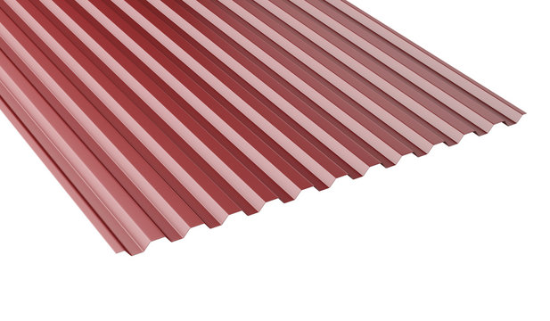 Dark red metal corrugated roof sheet stack - front view.