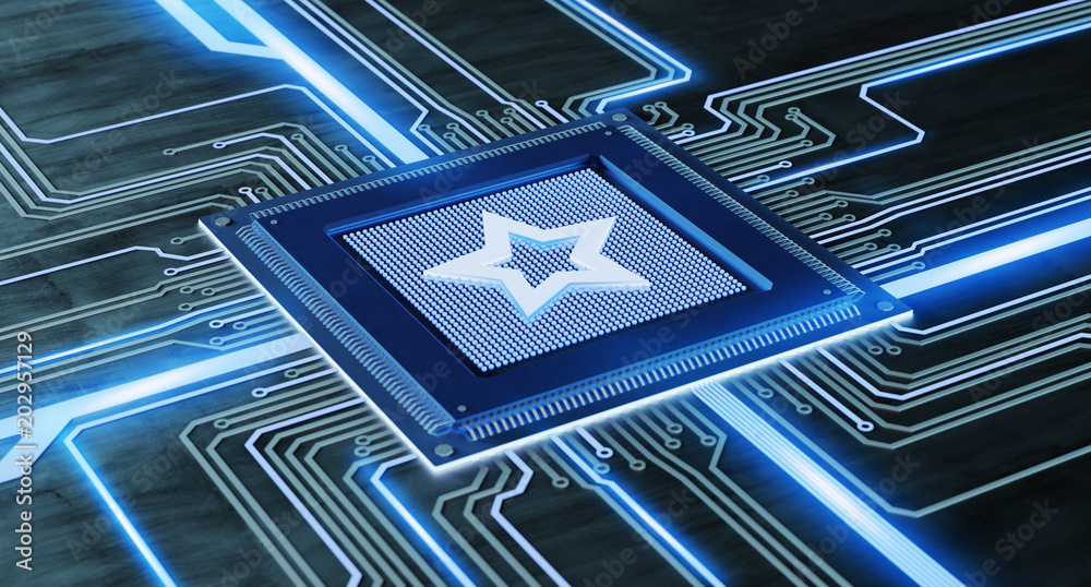 Aufkleber cpu processor with a favorite star and network connection on a circuit board - 3d render