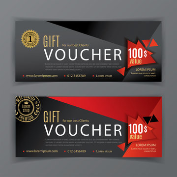 Vector gift voucher template, a diamond and a place for the image. Universal red, black flyer template for advertising a gym or business. Red black tirangle background