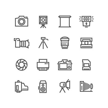 Camera on tripod, photo lens and photography equipment line vector icons isolated on white background
