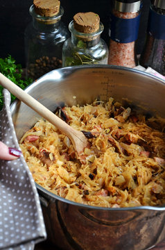 Traditional Polish bigos in a pot
