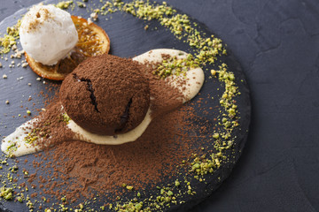 Mouth watering delicious chocolate fondant cake, restaurant serving