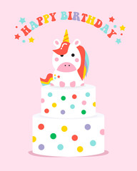 happy birthday, unicorn birthday cake card, vector illustration