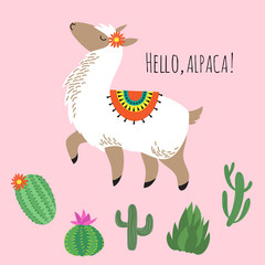 Proud awesome lama and cactus - hello alpaca card design
