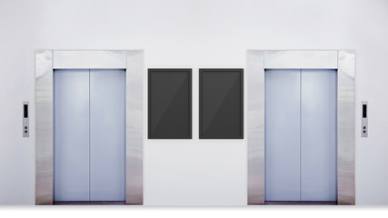 Blank vertical billboard or poster in the elevator hall. 3D illustration of advertising surface.