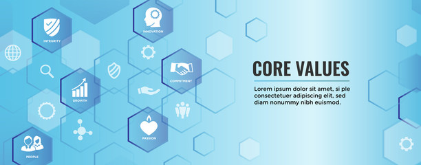 Fototapeta na wymiar Core Values Outline Icon with person & collaborating / thinking ideas web banner header