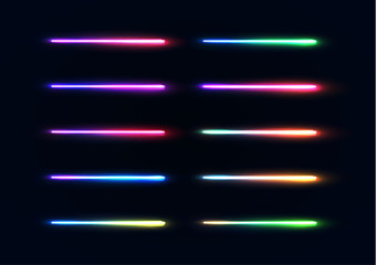 Neon lights tubes set. Colorful glowing lines collection isolated on dark blue background. Luminous gradient lamps elements pack for night party or game design. Color bright vector illustration.