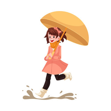 Kid girl under umbrella jumps in puddle in rain smiling and happy isolated on white background. Cartoon character of joyful child in raincoat loving rain, vector illustration.