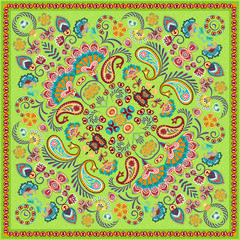 Naklejka premium Paisley Bandana print. Vector square pattern. Green.