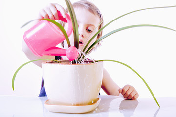 Cute little child girl gardener taking care of flowers