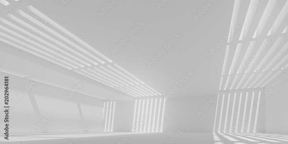 Poster 3d stimulate of white interior space with sun light cast the roof shadow on the wall and floor,persp