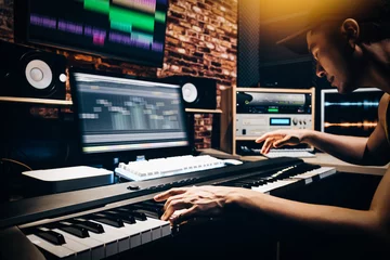 Gordijnen asian male music arranger hands composing song on midi piano & professional audio equipment in digital recording studio © princeoflove