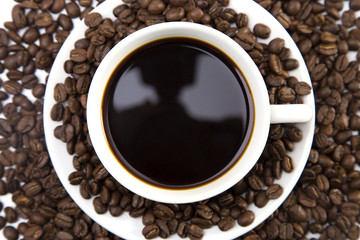 Cup of Strong Black Coffee in a White Cup and Saucer