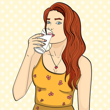 Healthy woman is drinking milk from a glass. Pop art background. Imitation comic style vector