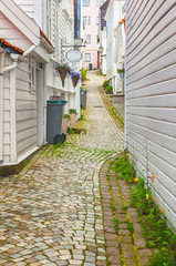 Narrow street in the old town of Bergen, Norway